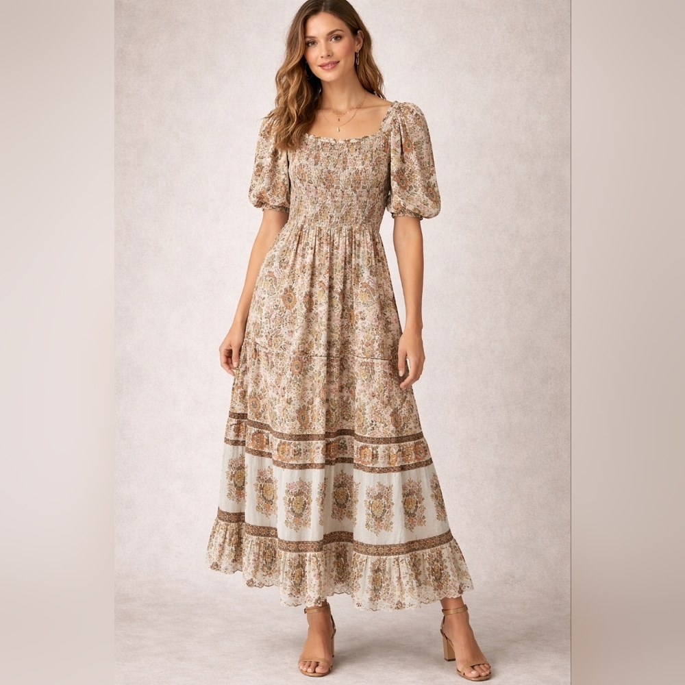 NWT Anthropologie Kindred Boho Warm Floral Rushed Ruffle Hem Maxi Dress Sz L